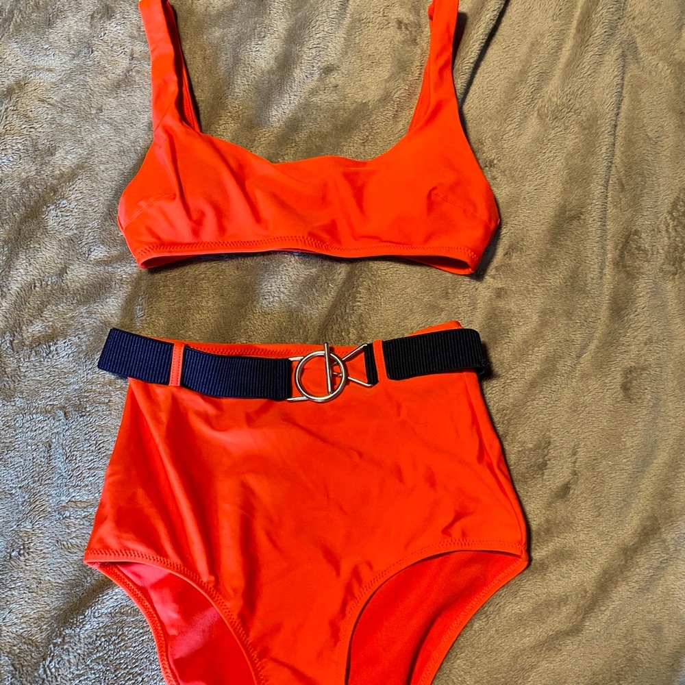 Red two piece high waisted swim suit